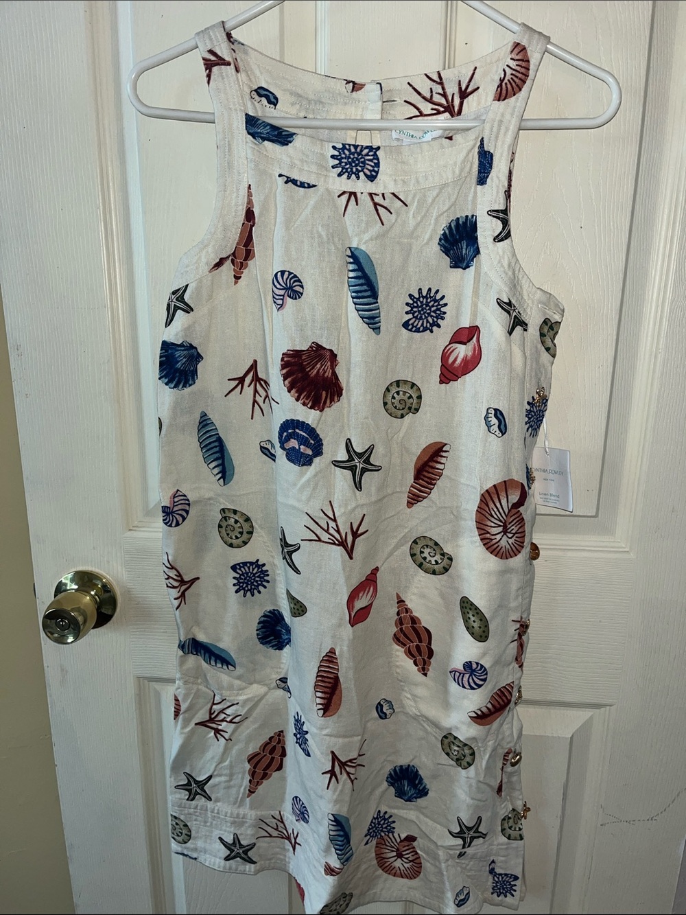 Shell & Coral Print Sleeveless Linen Dress - White with Blue & Red Shells